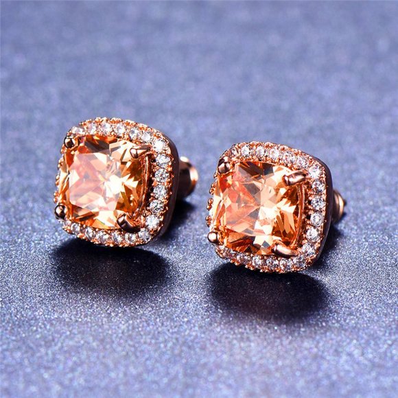 New Rose Gold Morganite Diamond Halo Stud Earrings - Picture 4 of 5
